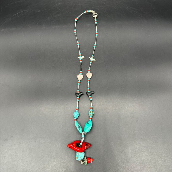 Vintage Native American Turquoise Coral Necklace Fetish Birds Skulls Chunky Bead - Picture 3 of 10